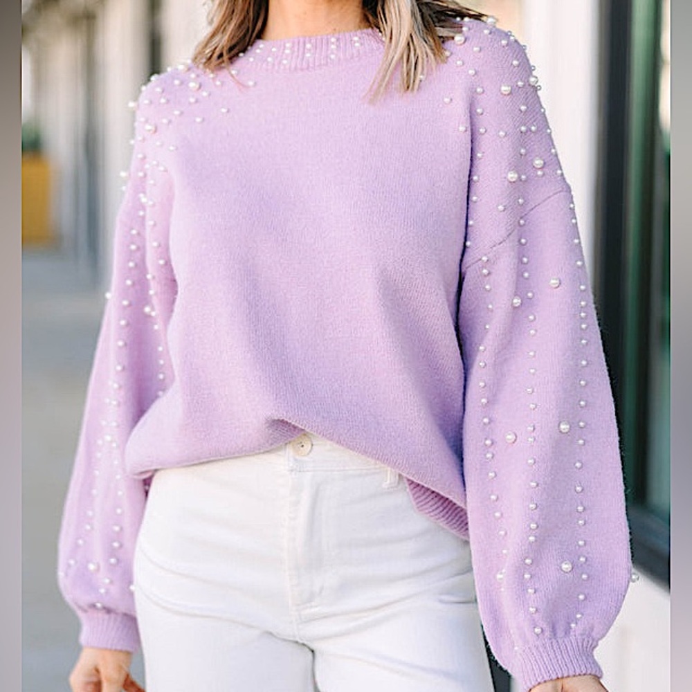 🆕🌿💜LIME LUSH: ORCHID Pearl Embellished Raglan Sleeve Sweater SMALL